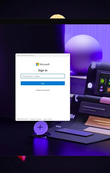 Microsoft Teams login window with a dark, stylised purple background featuring abstract 3D shapes and a prompt to sign in with an email, phone, or Skype account. Microsoft Teams login window with a dark, stylised purple background featuring abstract 3D shapes and a prompt to sign in with an email, phone, or Skype account.